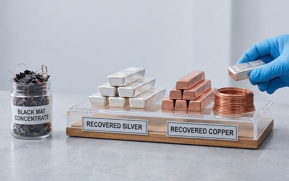 Jar of black mat concentrate beside recovered silver and copper bars, refined from decommissioned solar panels