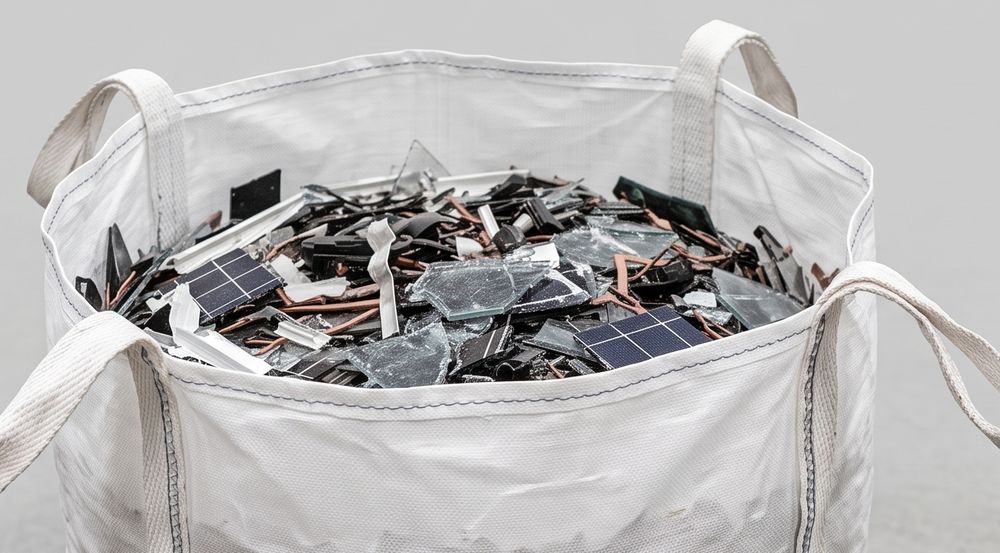 Bulk bag of shredded solar panel material: broken glass, aluminium frame offcuts, cabling and black mat fragments after shredding
